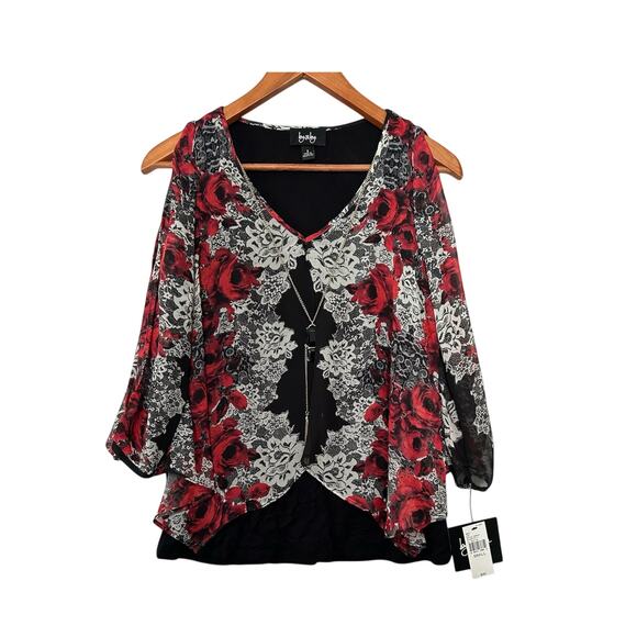 By & By Black Red Split Front/Back Top Lace Floral Print Built-in Tank Small NWT - Picture 1 of 12
